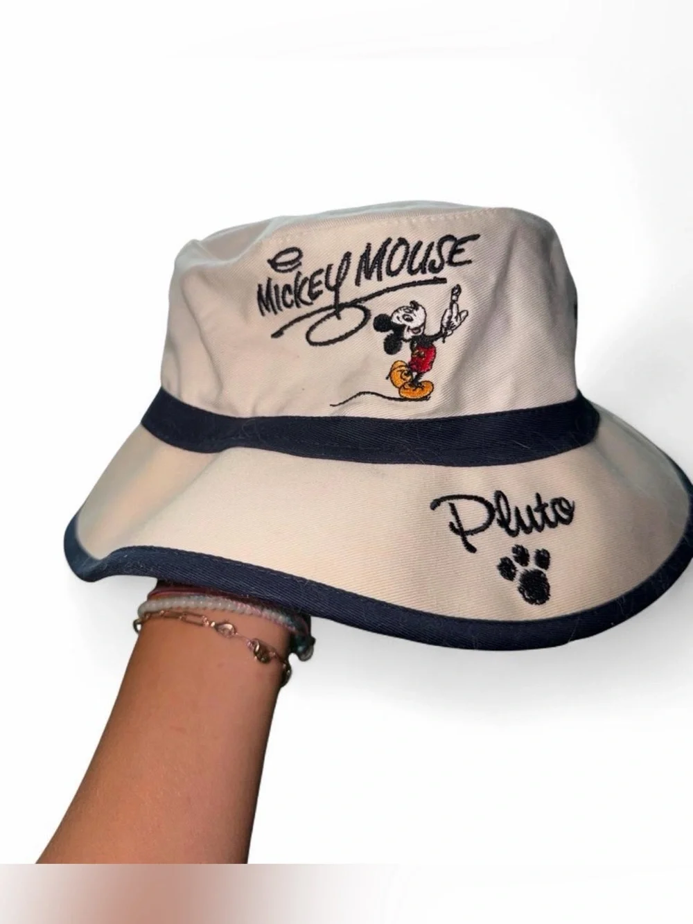 Disney Cream and Navy Bucket Hat with Mickey Mouse & Pluto Embroidery